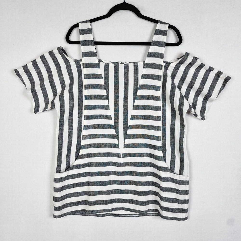 Soft Surroundings Linen Cotton Tunic Sunset Park Striped Cold Shoulder Pockets M